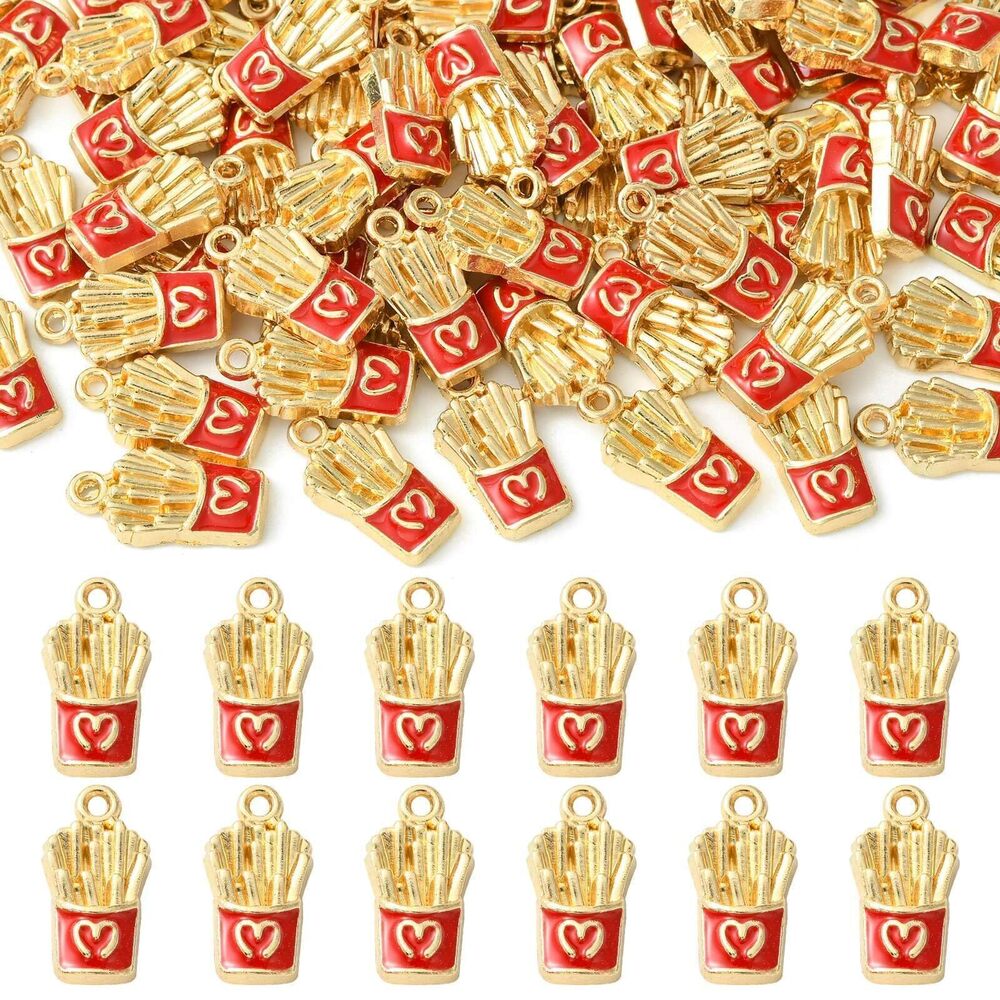 5521 80 Pcs Food Charms with Red Box Enamel Golden Potato Strip French